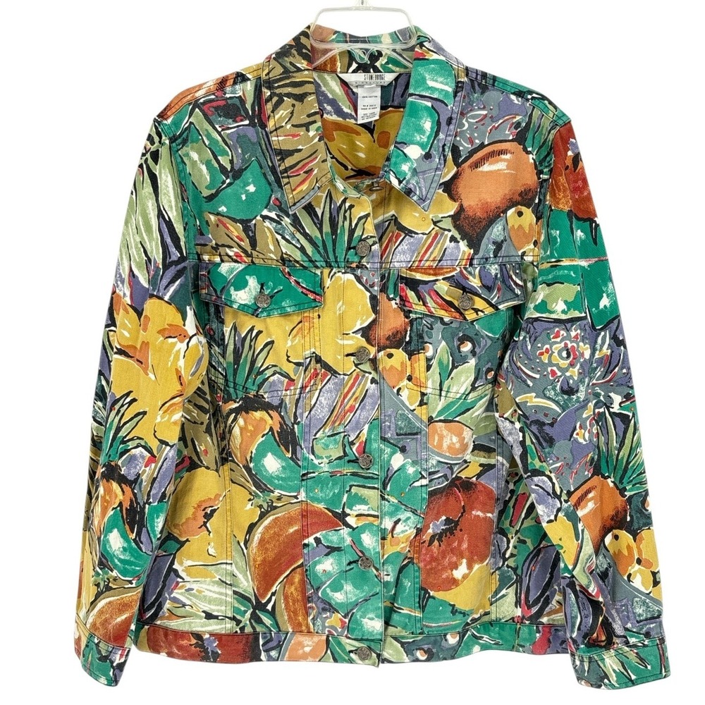 Vintage Stonebridge Tropical Fruit Jacket 1X Cotton Denim Style 90s Resort Bold